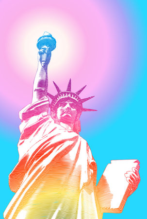 Engraved vintage drawing liberty lady statue from low angle worm eye view camera with multicolor illustration isolated on blue backgroundのイラスト素材