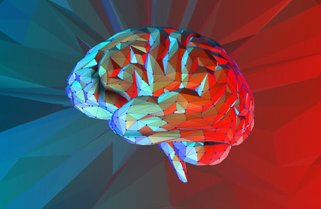 Colorful low poly human brain vector illustration with wireframe and connected dots on dark lighting...