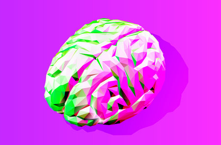 Colorful pink and green lighting low poly brain vector illustration in perspective top view isolated on purple pink backgroundのイラスト素材