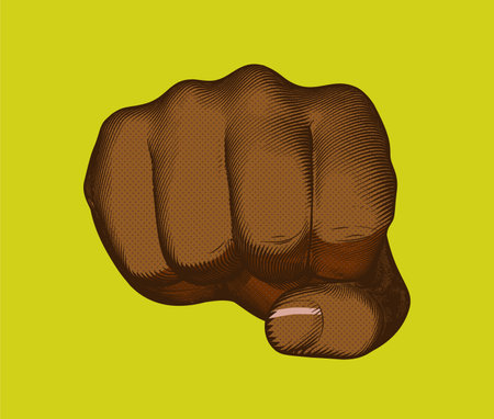 Colorful vintage pop art engraved drawing black human hand fist punching gesture toward the camera vector illustration isolated on yellow green retro backgroundのイラスト素材