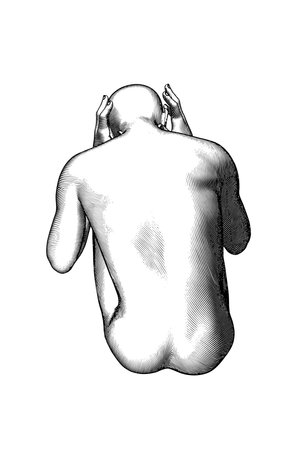 Monochrome vintage engraved drawing abstract a naked bald man sitting on the ground back view point depression in men conceptual vector illustration isolated on white backgroundのイラスト素材