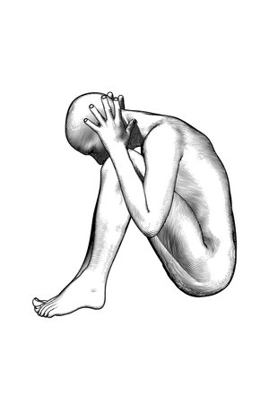 Monochrome vintage engraved drawing abstract a naked bald man sitting on the ground side view point depression in men conceptual vector illustration isolated on white backgroundのイラスト素材