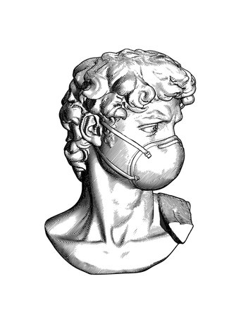 Monochrome vintage engraved drawing David of Michelangelo sculpture with N95 face mask vector illustration isolated on white backgroundのイラスト素材