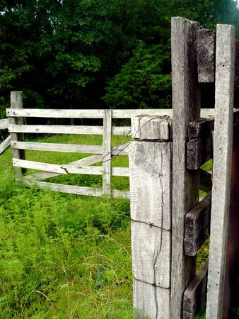 A weathered gray-wood farm fence wrapped with barbed wireの写真素材