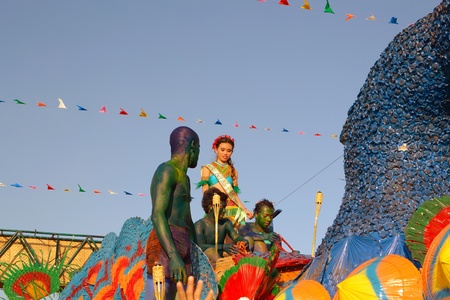 MANILA, PHILIPPINES - APR  14  parade contestant in her cultural dress on bird float during Aliwan...
