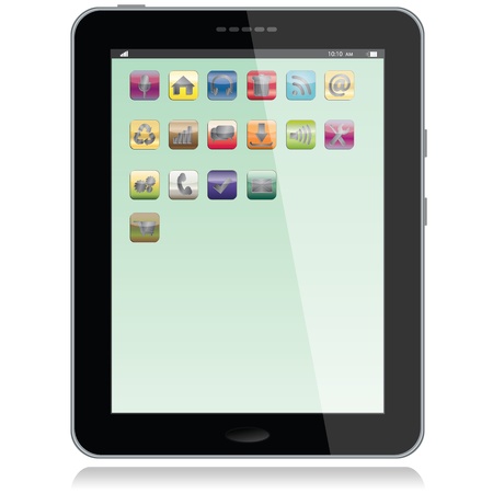 portrait view illustration of a tablet pc with apps icons on screen,isolated in white background.  のイラスト素材