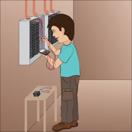illustration of an electrician, technician troubleshooting in circuit breaker panel board のイラスト素材