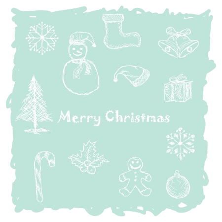 hand drawn illustration of white christmas icons, elements in light-blue background.のイラスト素材