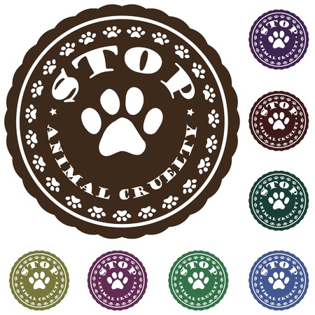illustration of vintage pet related slogan, label, stamp with paws and text  stop animal cruelty  in it   のイラスト素材
