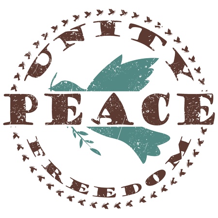 illustration of vintage peace label, stamp with dove and text unity and freedom around のイラスト素材