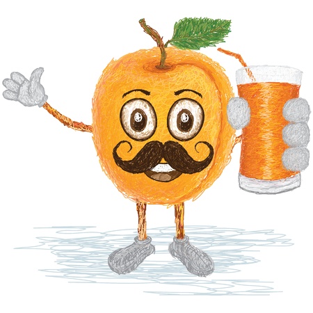 unique style illustration of funny, happy cartoon yellow apricot fruit with mustache holding a glass of apricot juice waving   のイラスト素材