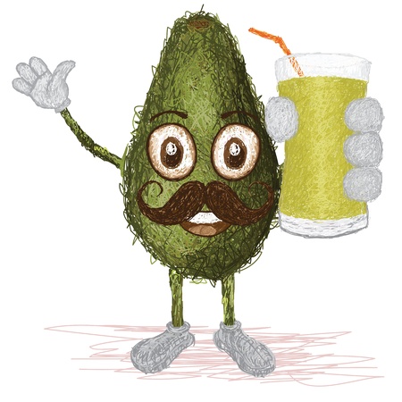 unique style illustration of funny, happy cartoon green avocado fruit with mustache holding a glass of avocado juice waving   のイラスト素材