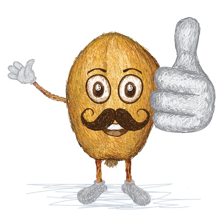 unique style illustration of funny, happy cartoon golden apple fruit with mustache waving, giving thumbs up gesture   のイラスト素材
