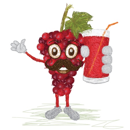 unique style illustration of funny, happy cartoon red grapes fruit with mustache holding a glass of grapes juice waving   のイラスト素材