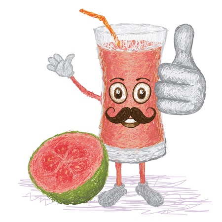 unique style illustration of funny, happy cartoon guava fruit juice glass with mustache waving, giving thumbs up gesture   のイラスト素材
