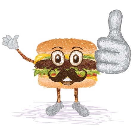 unique style illustration of funny, happy cartoon hamburger with mustache waving, giving thumbs up gesture   のイラスト素材