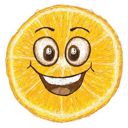 unique style illustration of happy orange fruit cartoon cross section, closeup, isolated in white background   のイラスト素材