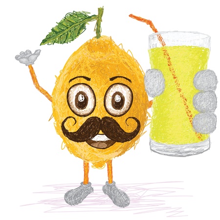 unique style illustration of funny, happy cartoon yellow lemon fruit with mustache holding a glass of lemon juice waving   のイラスト素材