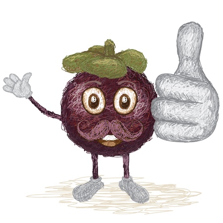 unique style illustration of funny, happy cartoon purple mangosteen fruit with mustache waving, giving thumbs up gesture   のイラスト素材