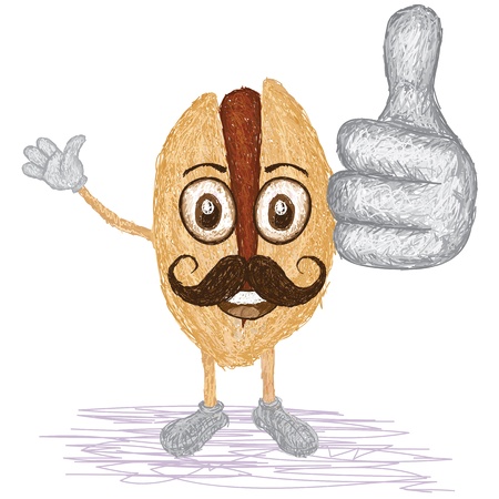 unique style illustration of funny, happy cartoon pistachio nut with mustache waving, giving thumbs up gesture   のイラスト素材