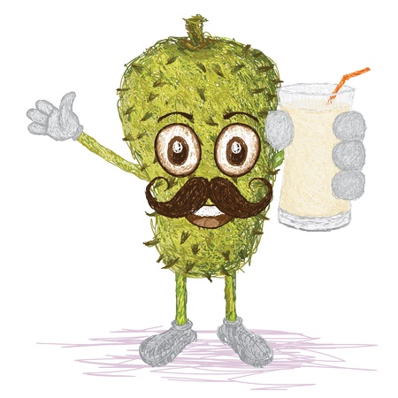 unique style illustration of funny, happy cartoon green soursop fruit with mustache holding a glass of soursop juice waving   のイラスト素材