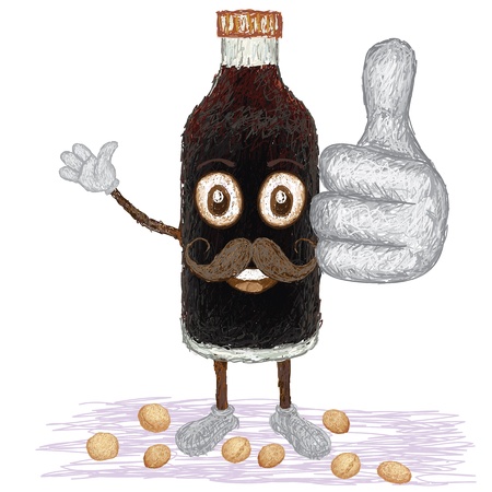 unique style illustration of funny, happy cartoon bottle of soy sauce with mustache waving, giving thumbs up gesture   のイラスト素材