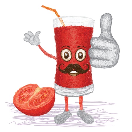 unique style illustration of funny, happy cartoon tomato fruit juice with mustache waving, giving thumbs up gesture   のイラスト素材