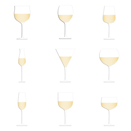 illustration of different glasses of white wine set isolated in white background   のイラスト素材