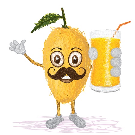 unique style illustration of funny, happy cartoon yellow mango fruit with mustache holding a glass of mango juice waving   のイラスト素材