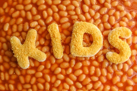 Kids meal - baked beens with breaded letters spelling KIDS