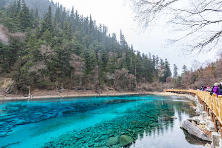 Beautiful crystal clear water lake view in Jiuzhaigou in Jiuzhai Valley National Parkのeditorial素材