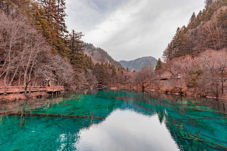 Beautiful crystal clear water lake view in Jiuzhaigou in Jiuzhai Valley National Parkのeditorial素材