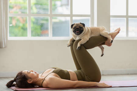 Athletic Asian woman practice yoga Child's pose online course at home to meditation calm comfortable and relax,Health care and Exercise at home Concept,Self-isolation due COVID-19 pandemicの写真素材