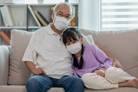 Asian Elderly grandfather hug grandchild and wearing face mask on sofa at home protect virus infectionの写真素材