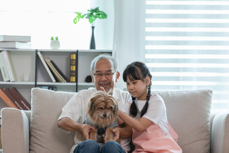 Asian Elderly and children sit on sofa and playing with dog together in living room at homeの写真素材