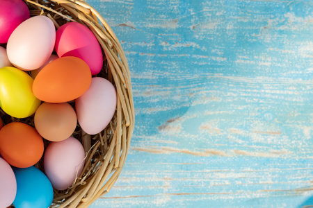 Easter eggs on wooden background with copy space,Colorful and handmade paint on eggs for easter day...