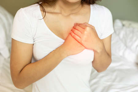 Woman have a heart attack in chest after wake up in the morning,Healthcare Concept