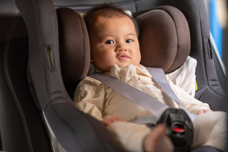 Smiling cute baby sit in car seat and secure with safety belts. Happy Asian infant baby sit in baby seat on car and looking around in car comfort and cheerful. Baby safety on car seat conceptの写真素材