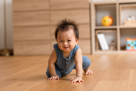 Healthy asian baby toddler crawling on floor to learn to crawl indoors. Adorable baby keeping her...