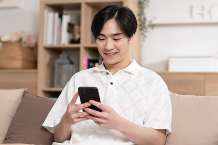Asian man is smiling on the cellphone like he got a good news. The man seems so happy with the mobile phone screen. Technology make us have a convenience life and also make the world getting smaller.の写真素材