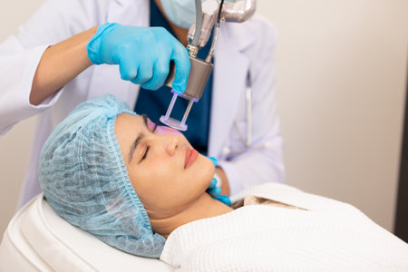 Doctor using CO2 Laser to treat skin conditions of patient.  Innovative dermatological procedure for skin rejuvenation and therapy. Aesthetics Skin Care Conceptの写真素材