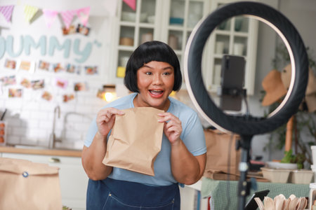 Enthusiastic Asian Content Creator Presenting Food Item in Modern Kitchen Setup, including ring light and smartphone, to film culinary tutorial or review. Small Business Conceptの写真素材