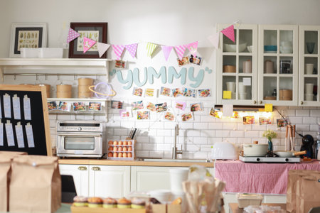 Cozy kitchen filled with colorful decorations and a well-organized food preparation area. The space is adorned with cheerful bunting and a "YUMMY" signの写真素材