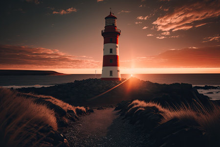 Surreal image of stormy sea with lighthouse.の素材