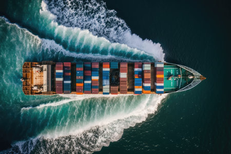 Aerial view of cargo ship with container sailing in the sea.の素材