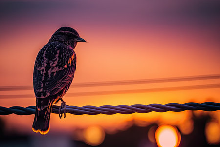 Starling (Sturnus vulgaris) sitting on a wire with sunset backgroundの素材