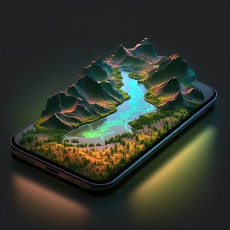 Smartphone with a view of the mountains and river, 3d terrain mapの素材
