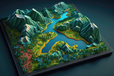 3d illustration of terrain map with lake and mountains on a tablet device.の素材