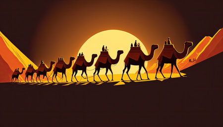 Camel caravan in the desert at sunset.の素材