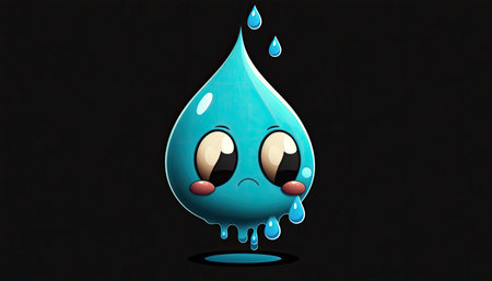 Cartoon character of water drop with sad expression isolated on black backgroundの素材